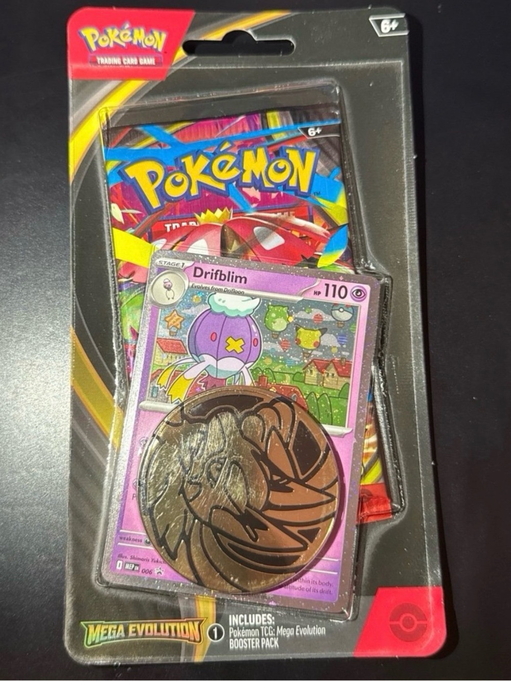 Mega Evolution Booster Blister Pack with promo card Drifim 06 black star & coin